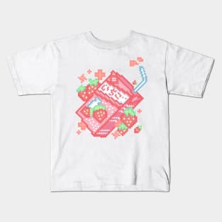 Pink Kawaii Pixel Art Strawberry Milk Design Kids T-Shirt